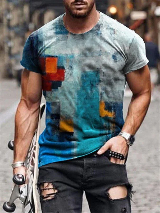 Men's Blue Tie-dye Casual Crew Neck Abstract Shirts & Tops