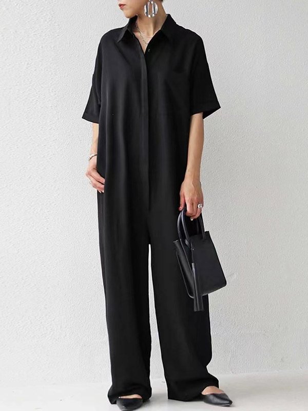 Casual Solid Color Buttoned Lapel Collar Half Sleeves Wide Leg Jumpsuits