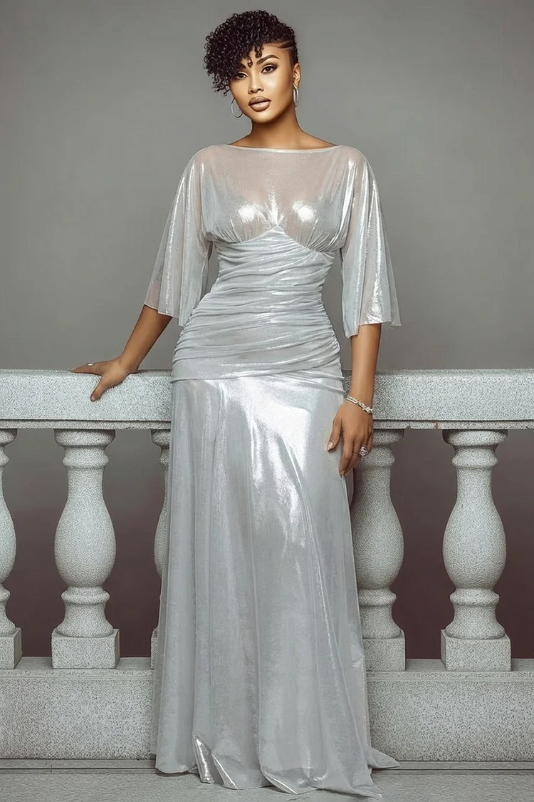 Boat Neck Half Sleeve High Waist Ruched Gowns Maxi Dresses-Silver [Pre Order]