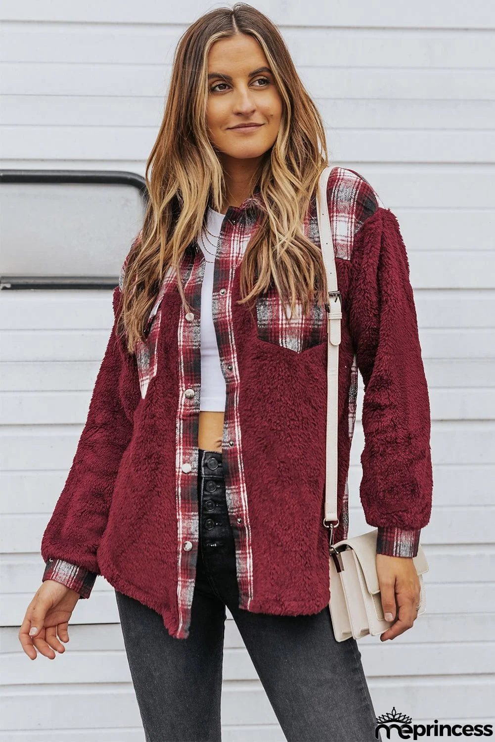 Plaid Patchwork Buttoned Pocket Sherpa Jacket