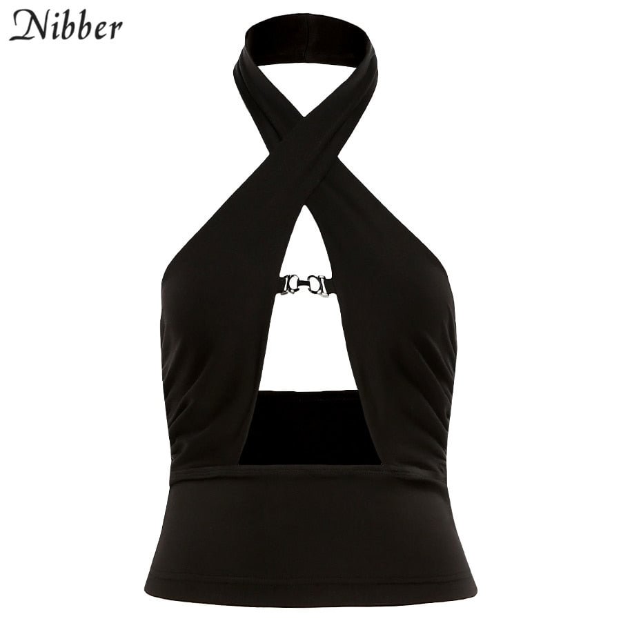 NIBBER Summer Solid Color Sexy Halter Short Top Women's Suspenders Sleeveless Slim Fit Y2K Retro Hollow Sleeveless Halter Top