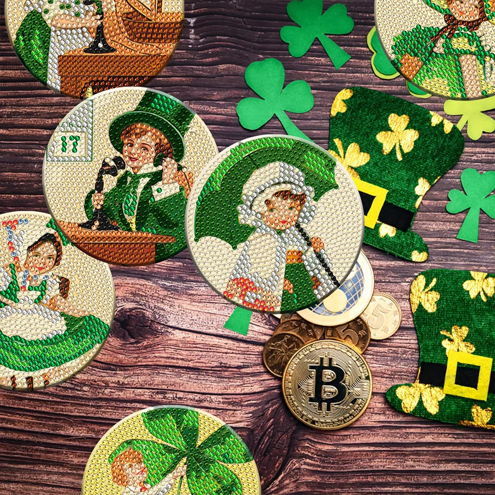 8pcs DIY Saint Patricks Day Wooden Diamond Painting Art Coaster Kit with Holder for Adults Kids