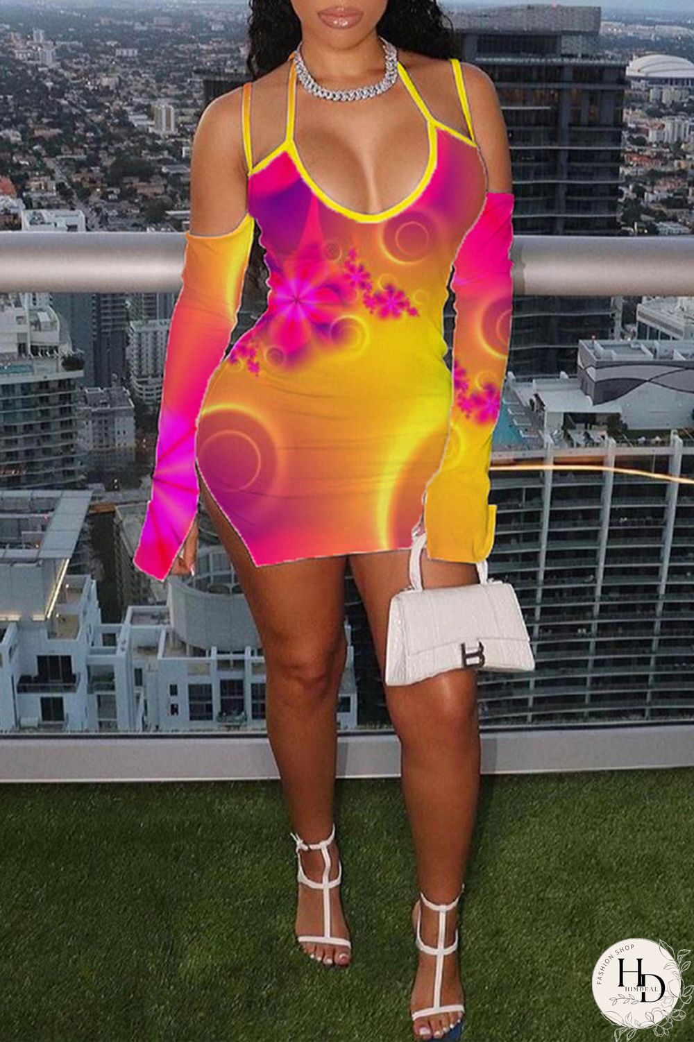 Yellow Fashion Sexy Print Slit Spaghetti Strap Long Sleeve Dresses