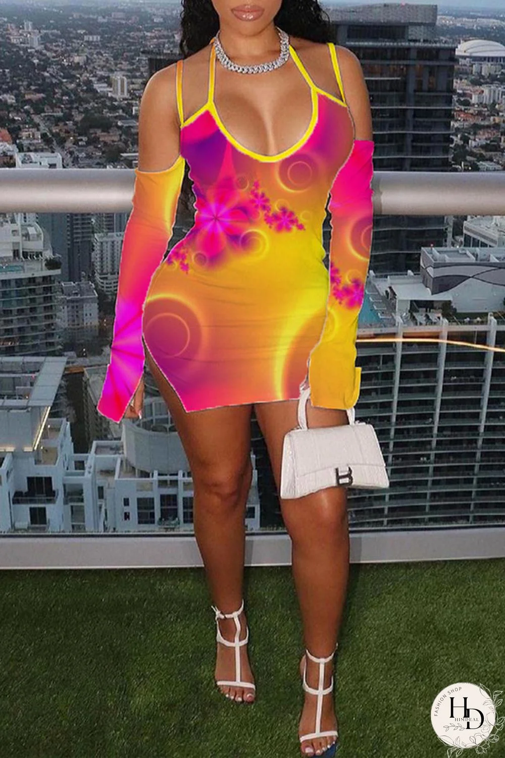 Yellow Fashion Sexy Print Slit Spaghetti Strap Long Sleeve Dresses