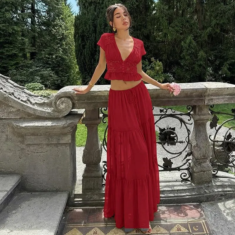 Women Summer Short Sleeve V Neck Tops Long Skirt Beach Vacation Chiffon Two Piece Set Outfit Women Summer Short Sleeve V Neck Tops Long Skirt Beach Vacation Chiffon Two Piece Set Outfit