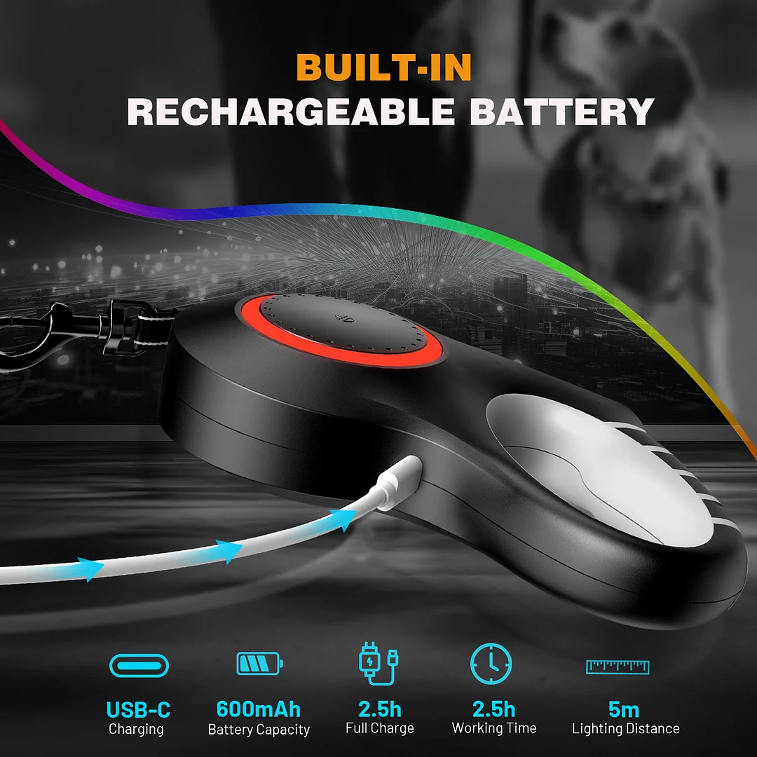 BEBANG Retractable Dog Leash with Light, 20ft Dog Leash Retractable with Chew Proof Wire Rope and Poop Bag Dispenser