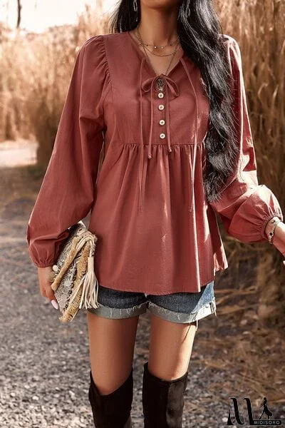 Tied Decorative Button Balloon Sleeve Blouse