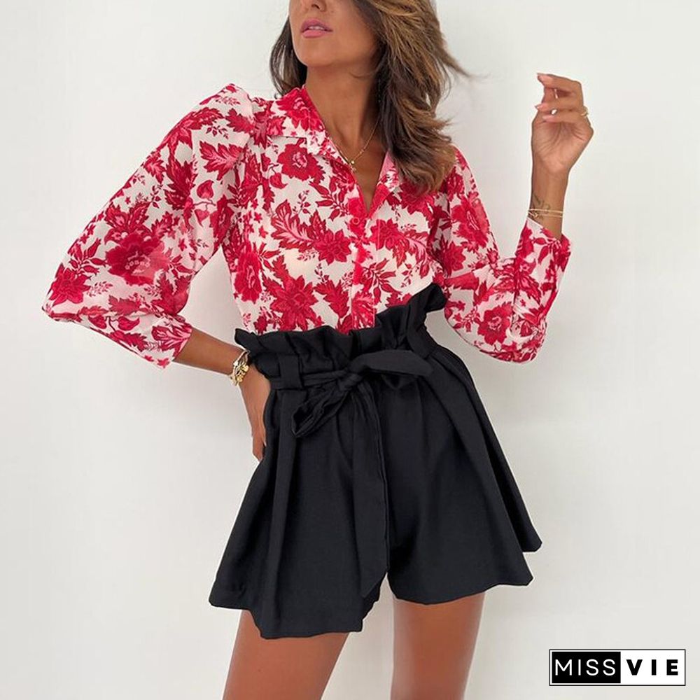 Women Elegant Long Sleeve Outifts Fashion Floral Print Lapel Button Tops&Solid Lace-up Shorts Set Autumn Casual High Street 2pcs