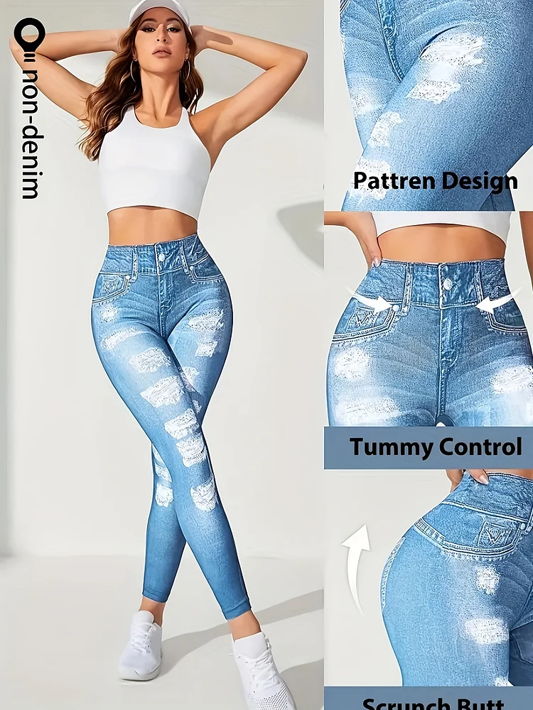 Imitation Denim Fashion Casual Women's, Fitness Training, Stretch Breathable, Imitation Denim Print Effect Fabric, Faux Buttons, Full Body Print, Home Daily, Curvy Hip, Elastic Soft Material, Comfortable Drawstring Waist, Versatile Everyday Slim Fit Pant