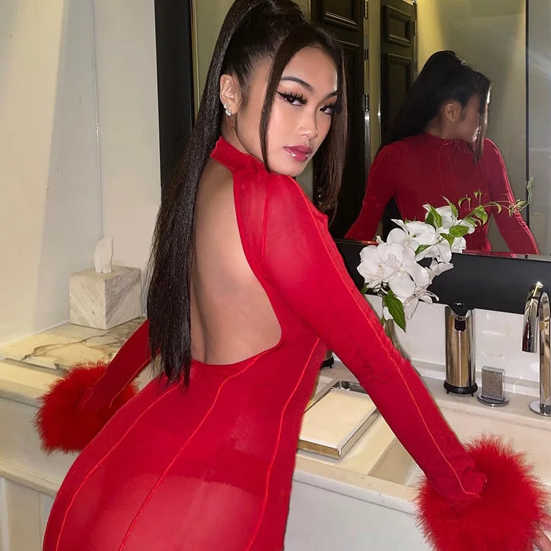 Billlnai Backless Feather Long Sleeve Bodycon Mini Dress Party Club Birthday Festival Summer Autumn 2023 Women Clothing