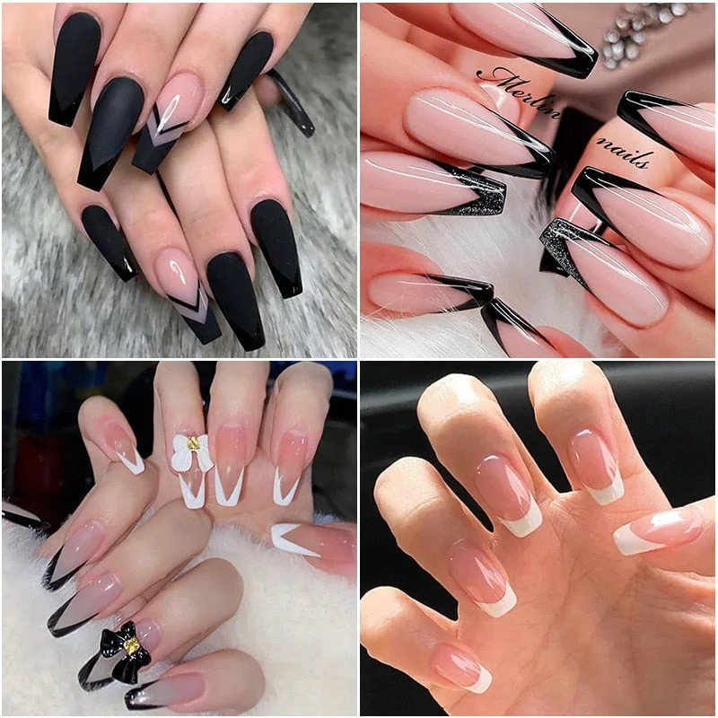 1PC Black White French Style 3D Adhesive Nail Sticker Decoration Checkerboard Design Wave Strip Nail Slider Decals Manicures-Nail Inspo