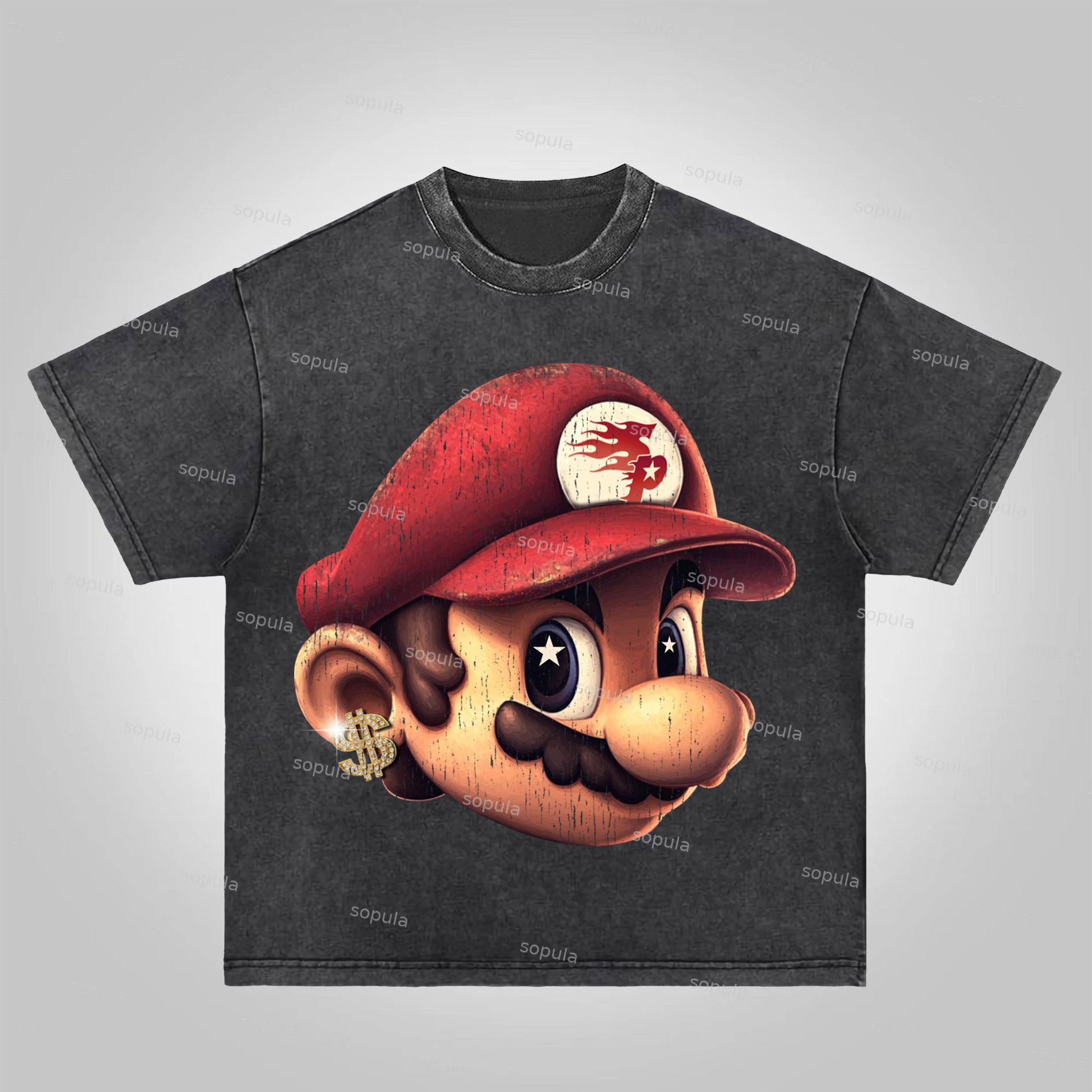 Sopula Y2k Vintage Cartoon Game Big Head Acid Washed T-shirt