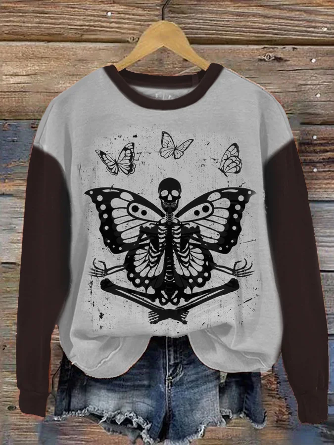 Wearshes Halloween Skull Butterfly Contrast Print Sweatshirt