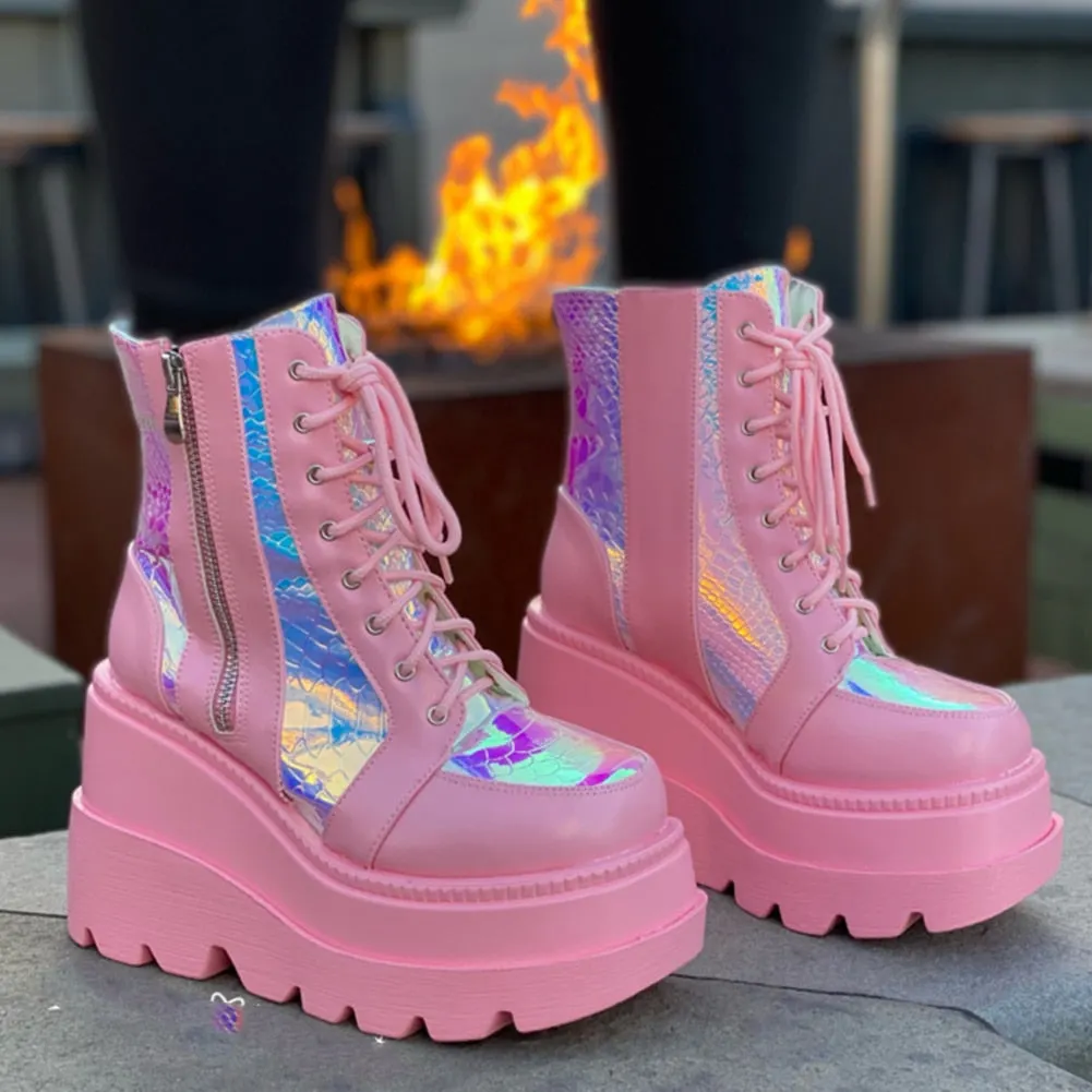 BONJOMARISA New Arrivals Brand Designer Platform Wedges Lace Up women's Boots Cool Street Punk Goth Fluorescent Treny Shoes Lady