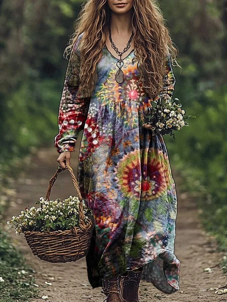 Women's Vintage Floral Art Print Pocket Cotton Dress