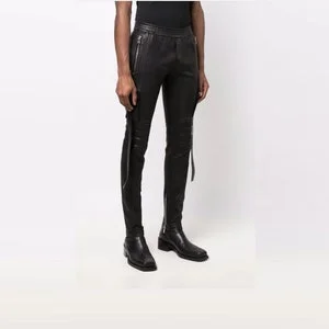 pornhint Pornhint Slim Fit Leather Trousers Men's Real Sheep Leather Fetish Pants Side Leather Straps Bikers Trouser Motorcycle Pants Zipper Bottom