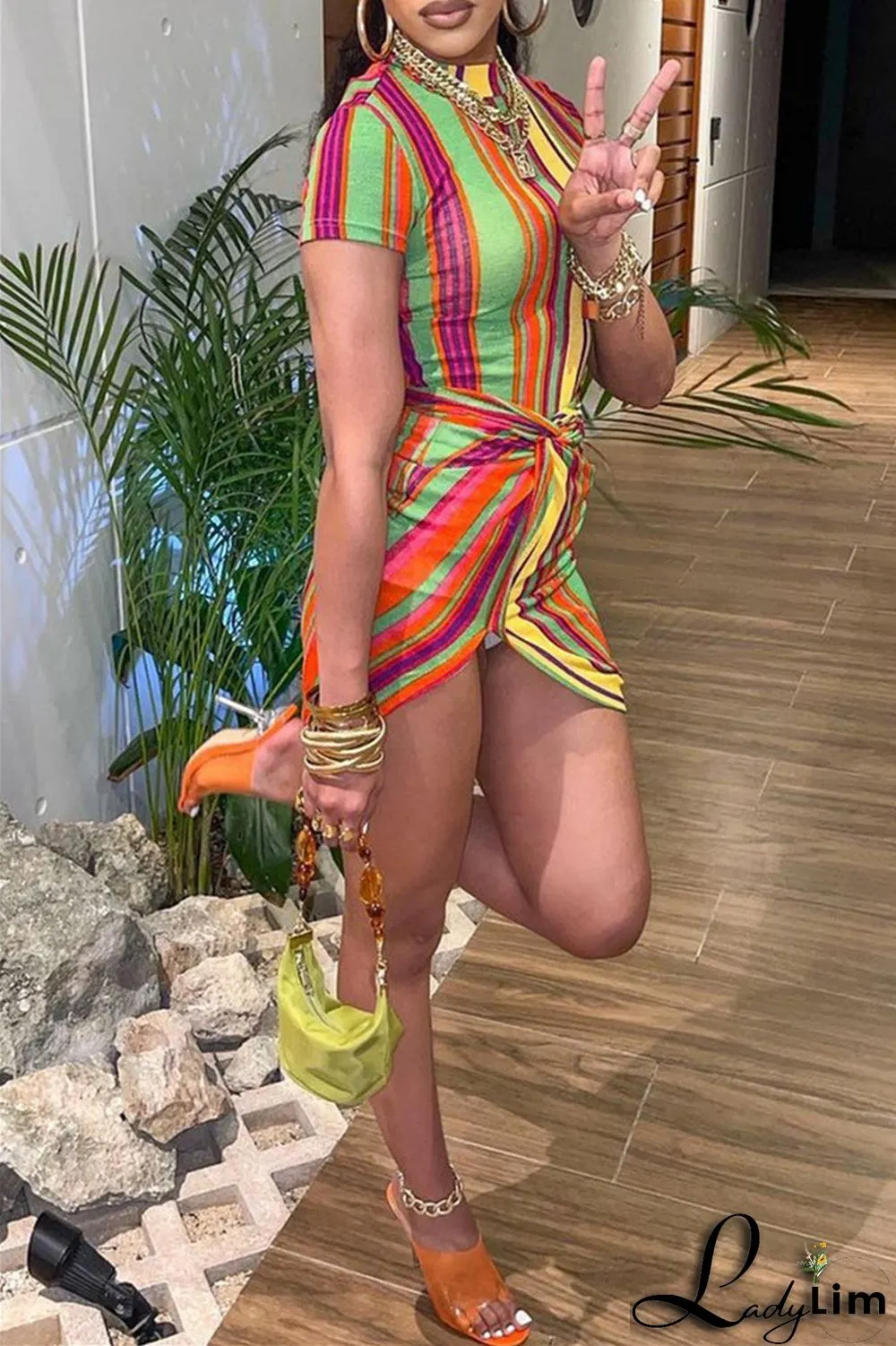 Orange Fashion Casual Striped Print Split Joint Half A Turtleneck Short Sleeve Dress