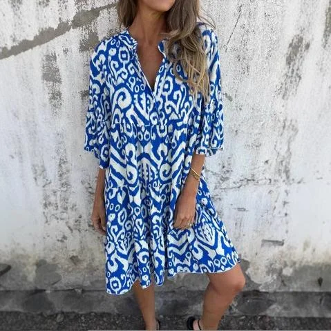 Uveng Uveng Women's Clothing Spring And Summer New Four-Sided Casual V-Neck Print Folded Lady Dress