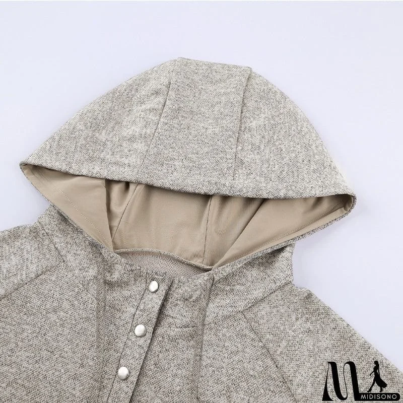 MidiSono - Women's Brown Heathered Print Button Snap Neck Pullover Hoodie