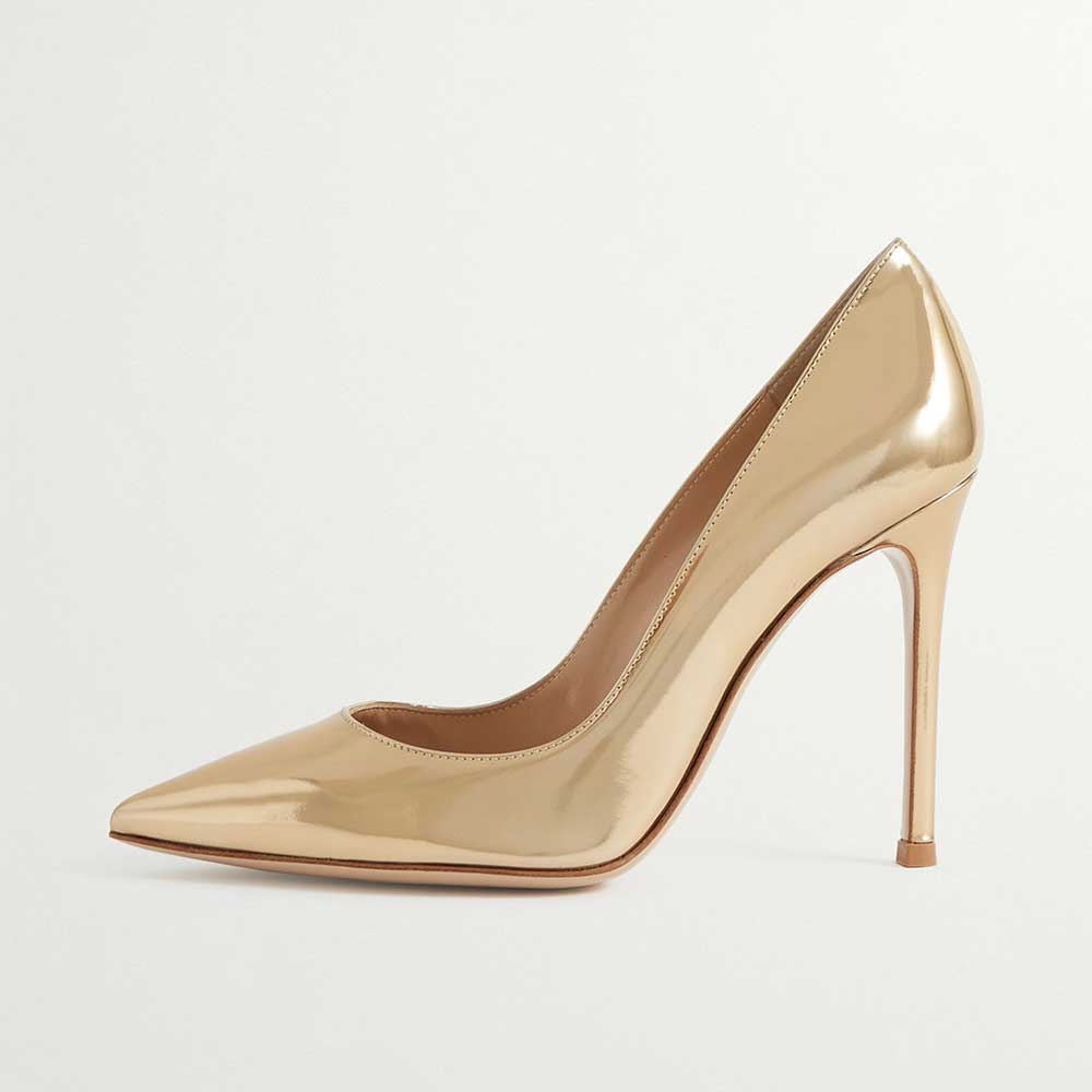 Gold Vegan Leather Pointed Toe 4'' Stiletto Heel Slip-On Pumps Nicepairs