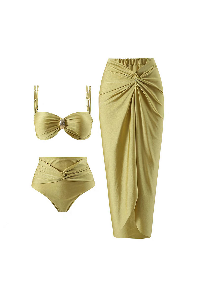 Solid Color Ruched Cami Bikini Maxi Skirt Swimsuit 3pcs Set-Yellow