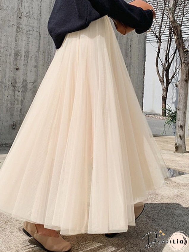 Women's Skirt Swing Tulle Long Skirt Maxi Black Pink Khaki Beige Skirts Pleated Layered Tulle Vintage Elegant Street S M L