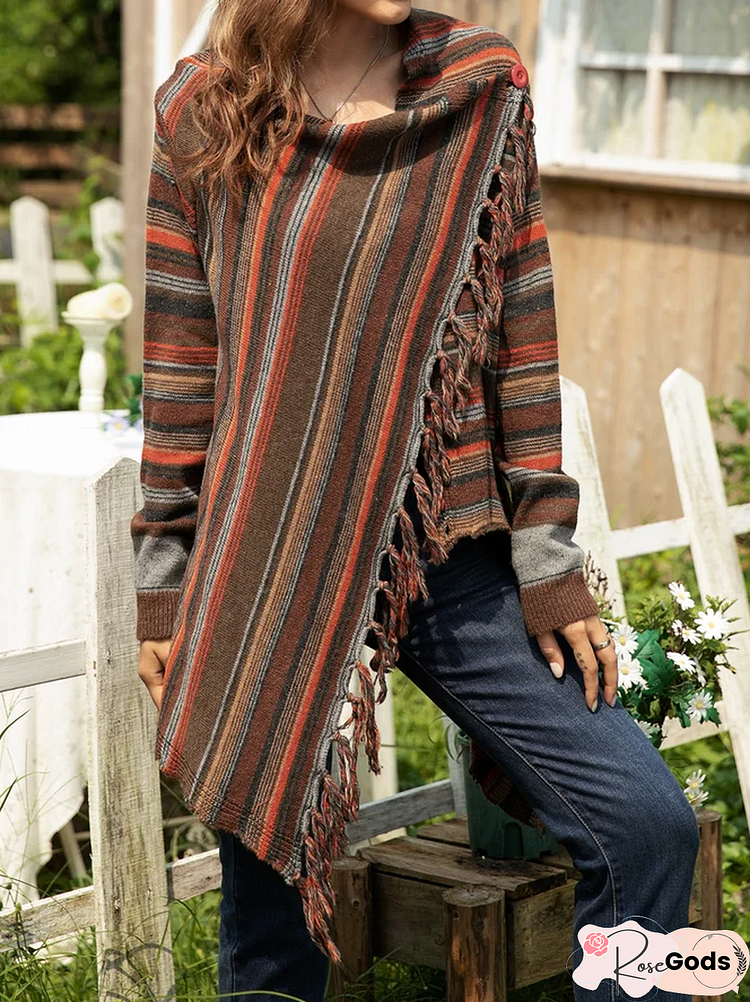 Casual Stripes Long Sleeve Asymmetrical Sweater