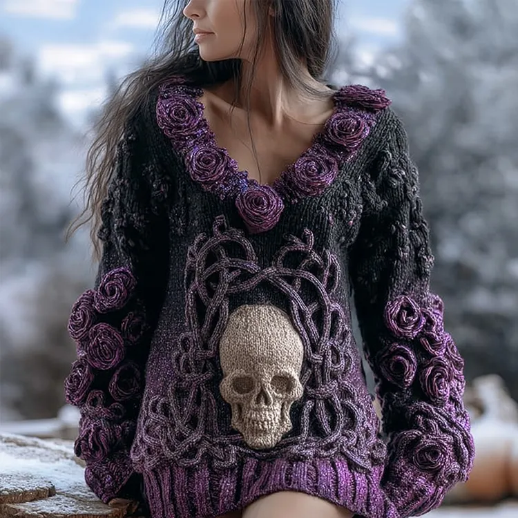 Vintage Purple Roses Viking Celtic Skull Cozy Knit Sweater
