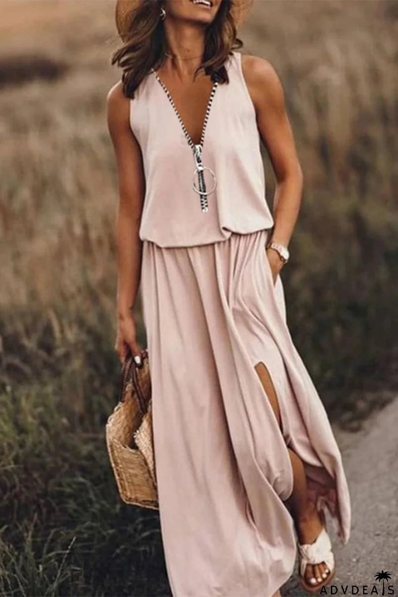 Casual Solid Slit Zipper V Neck Vest Dress Dresses(3 Colors)