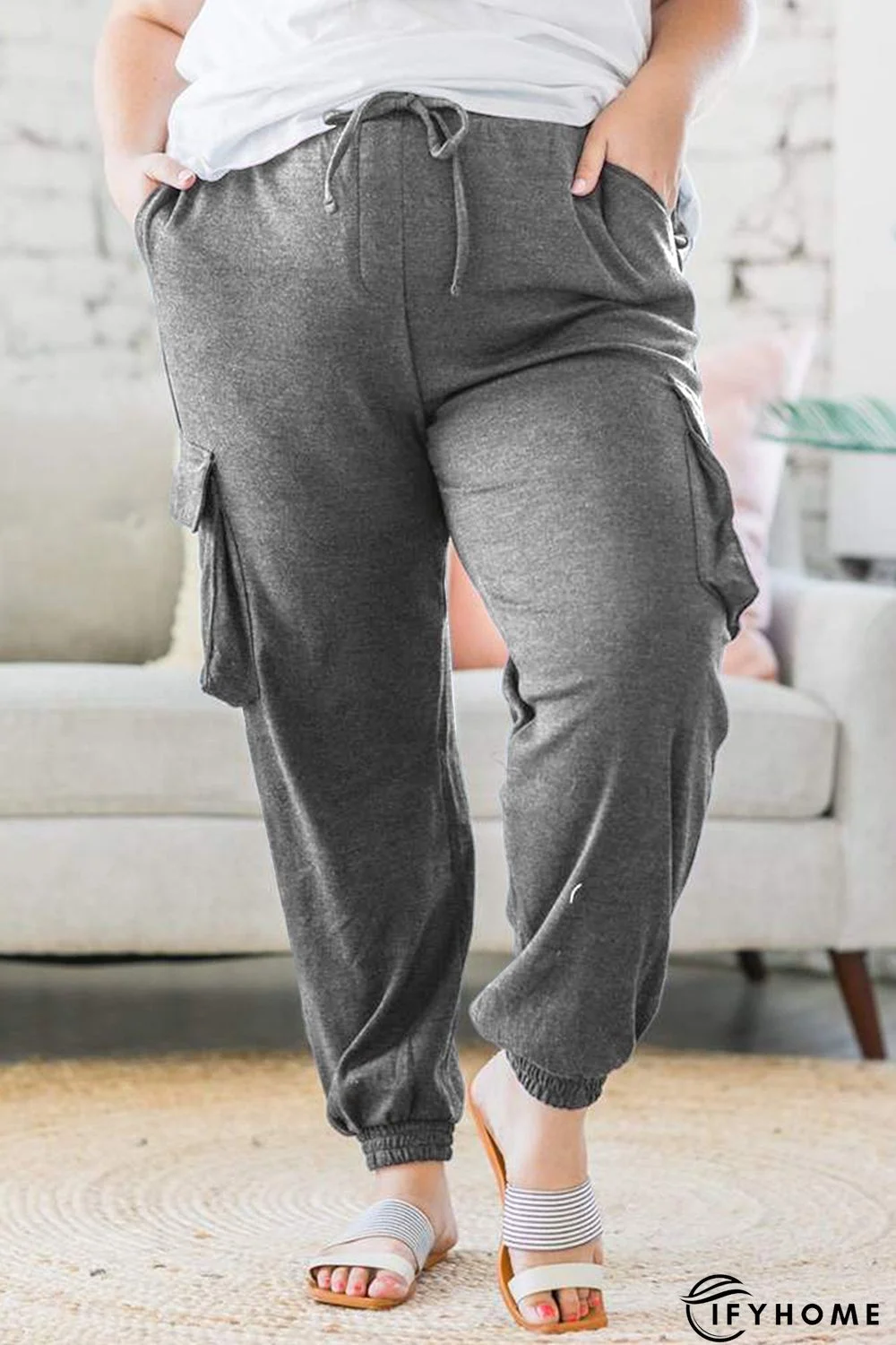 Gray Blue Elastic Waist Side Pocket Plus Size Jogger Pants | IFYHOME