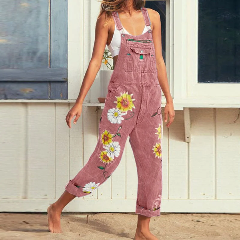 Women's Causual Pocket Floral Printed Overall Pants