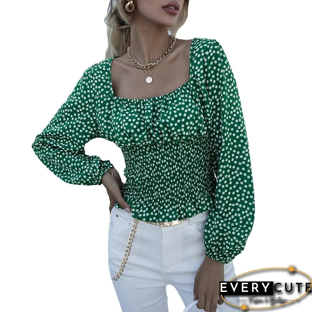 Women Long Sleeve Square Collar Tops Floral Print Sexy Chic Lantern Sleeve Pullover Ladies Slim Fit Shirts Polka Dot Blouse
