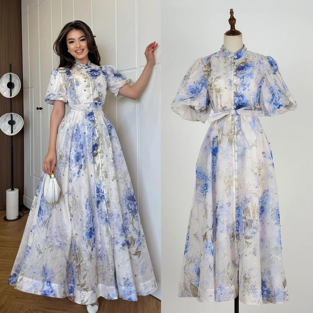 Nigikala Nigikala Court Style High Design Feeling Heavy Industry Nail Drill Short Sleeve Single Buckle Dress + Sling