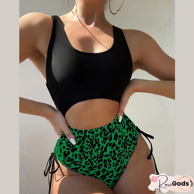 One Piece Leopard Patchwork Push Up Bikini Sexy Hollow Out High Waist Drawstring Swimsuit New Fashion Summer Vacation Beachwear