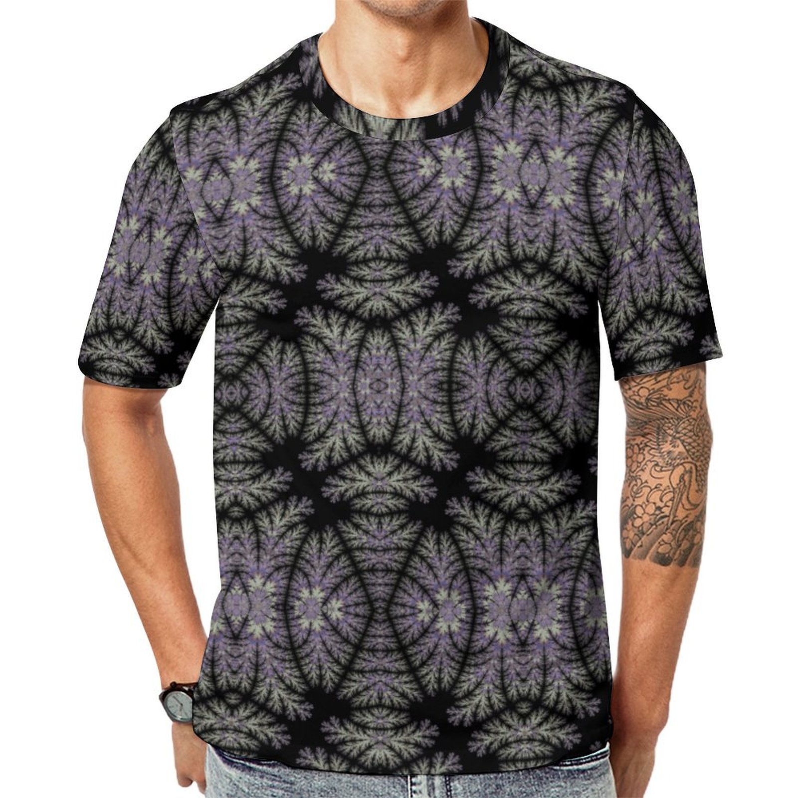 Black Gothic Damask Lavender Sage Fern Short Sleeve Print Unisex Tshirt Summer Casual Tees for Men and Women Coolcoshirts