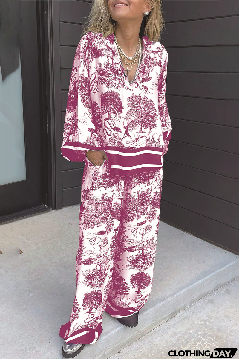 Casual Street Floral Print Distressed Draw String Pocket V Neck Long Sleeve Two Pieces(8 Colors)