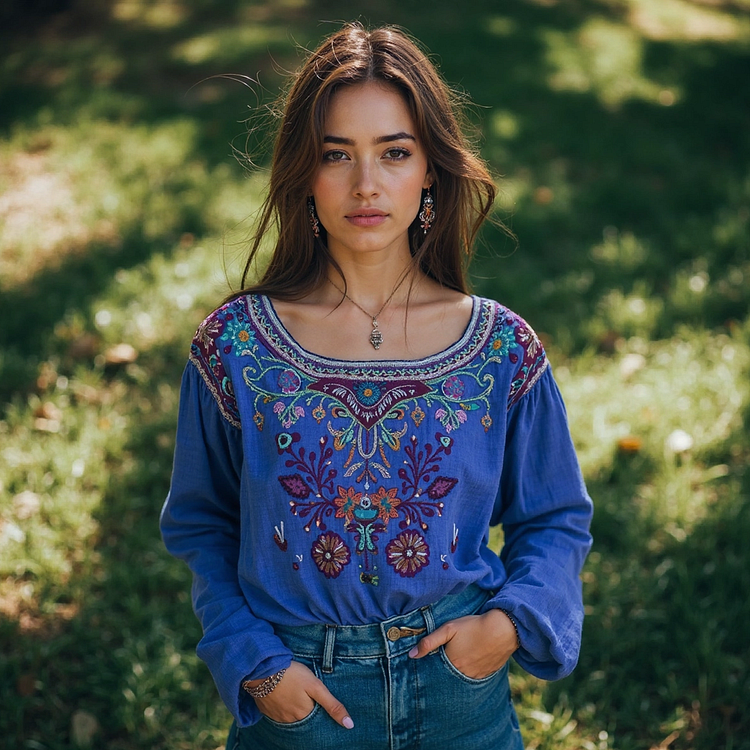 Retro Floral Embroidery Art Print Cotton And Linen Blend Loose Blouse