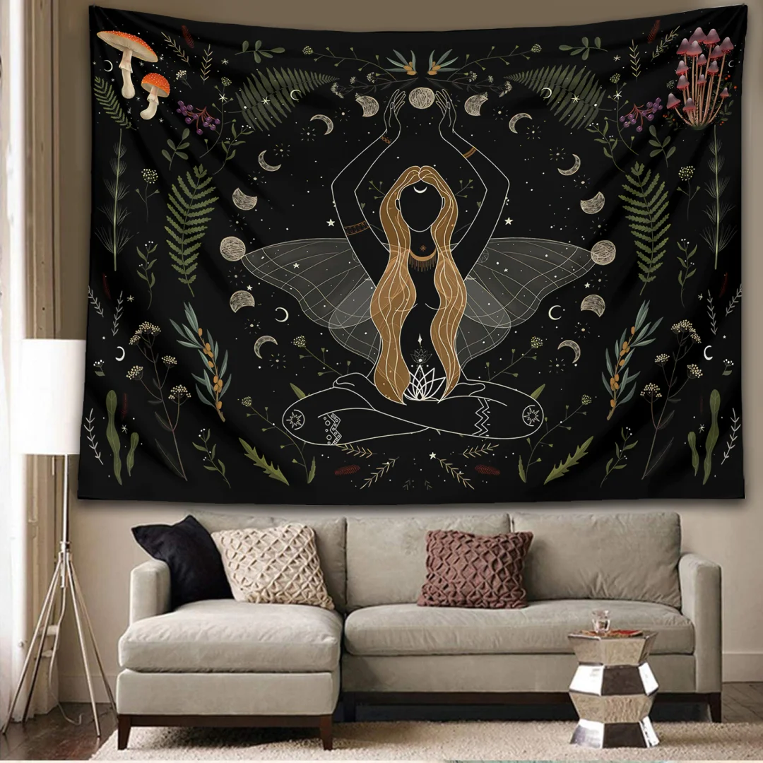 Nigikala Phase girl Tapestry Wall Hanging Moth Botanical Witchy Aesthetic mushroom snake plant Boho Wall Cloth home Decor Bedroom