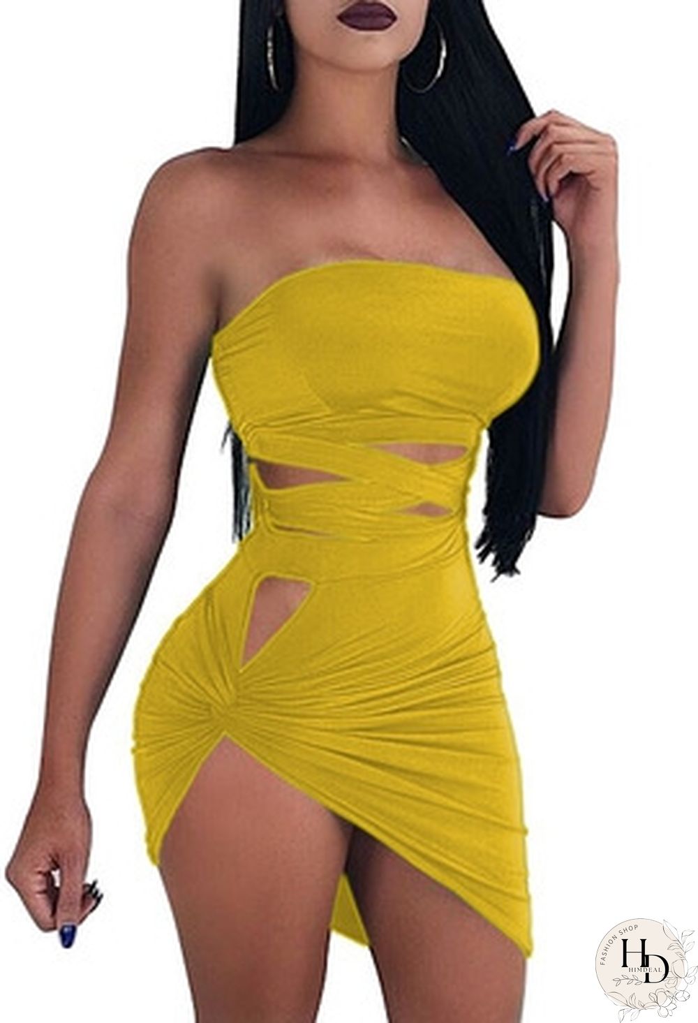 Yellow Sexy & Club Strapless Sleeveless Sheath skirt Two Piece Dresses