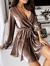 Velvet Solid Color Bandage  Puff Sleeve  Mini Dress
