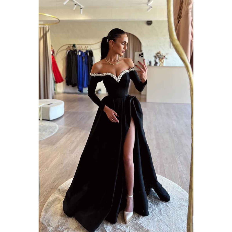 Ovlias Black Prom Dress Long A Line Pleated High Slit YH0039