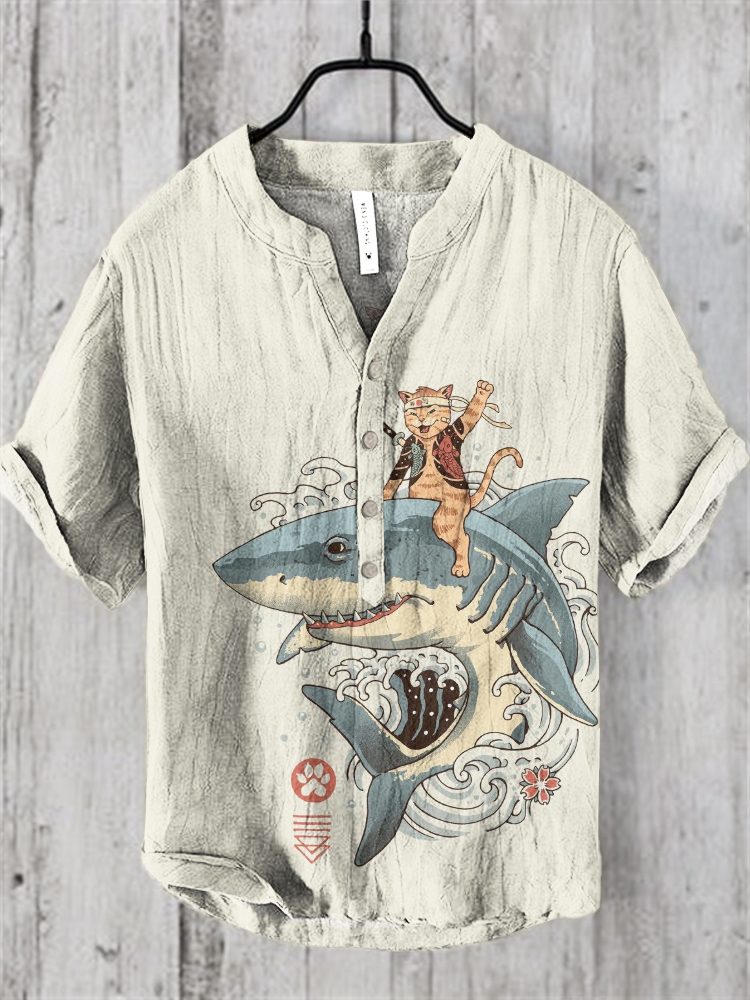 Japanese Vintage Shark & ​​Cat Art Linen Blend Shirt wearshes