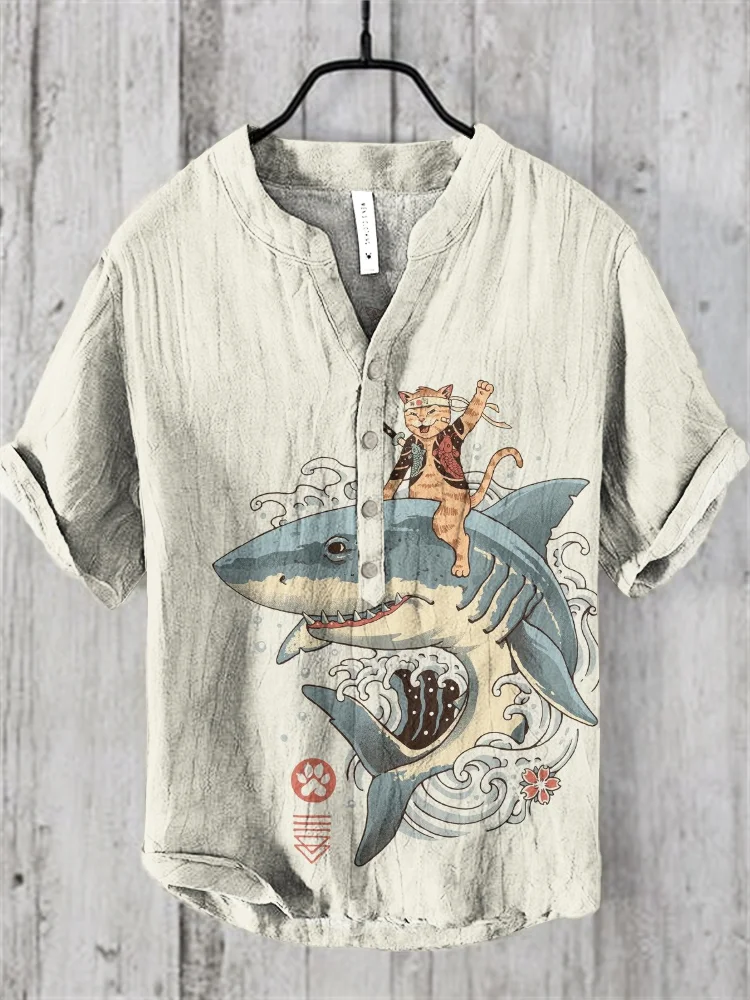 Japanese Vintage Shark & ​​Cat Art Linen Blend Shirt