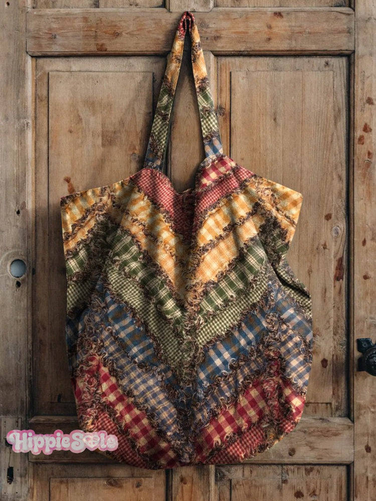 Vintage Check Patchwork Pattern Printed Linen Tote Bag Multicolor / Onesize