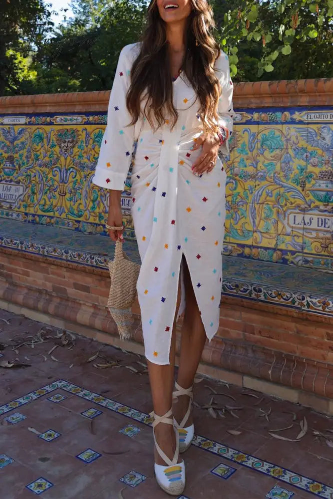 Ingvn - Casual Embroidery Slit V Neck Long Sleeve Dresses White / S Dresses/Casual