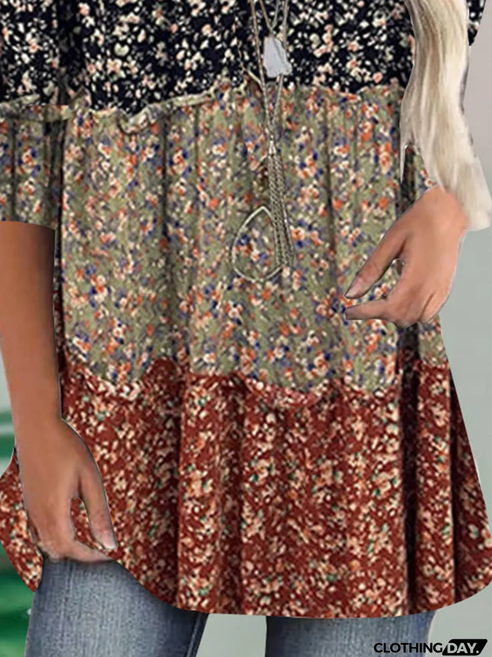 Women Long Sleeve Scoop Neck Floral Printed Graphic Stitching Tops