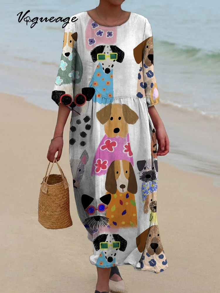 Naughty And Cute Puppy Printed Women's Casual Cotton And Linen Dress