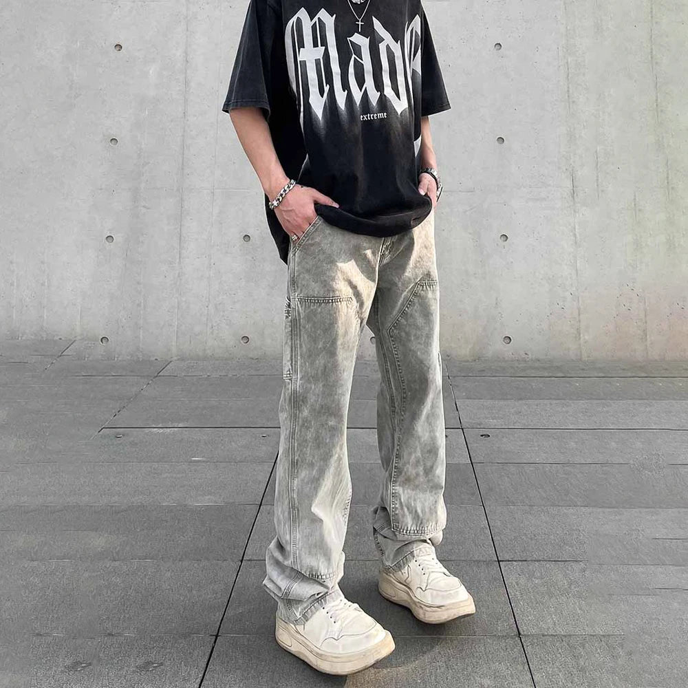 Llyge Cargo Jeans Men Y2k High Street Casual Summer Straight-leg Fashion Trousers Gray Autumn Loose Streetwear Fit Vintage Denim Pants llyge