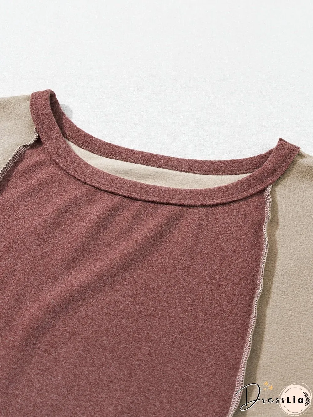 Light Beige French Seam Detail Colorblock Knit Top with Long Sleeves