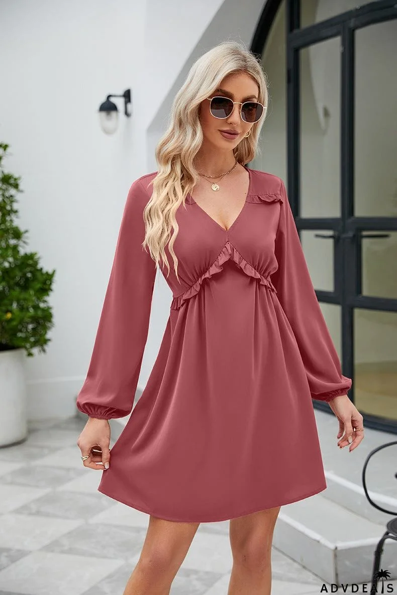 Frill Trim V-Neck Long Sleeve Dress